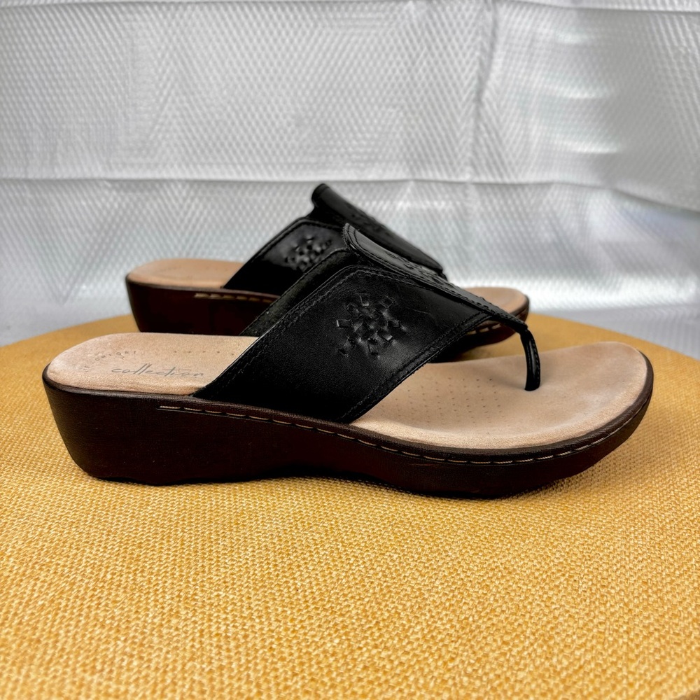Clarks | Black Leather T-strap Thong Comfort Sandal | Size 10